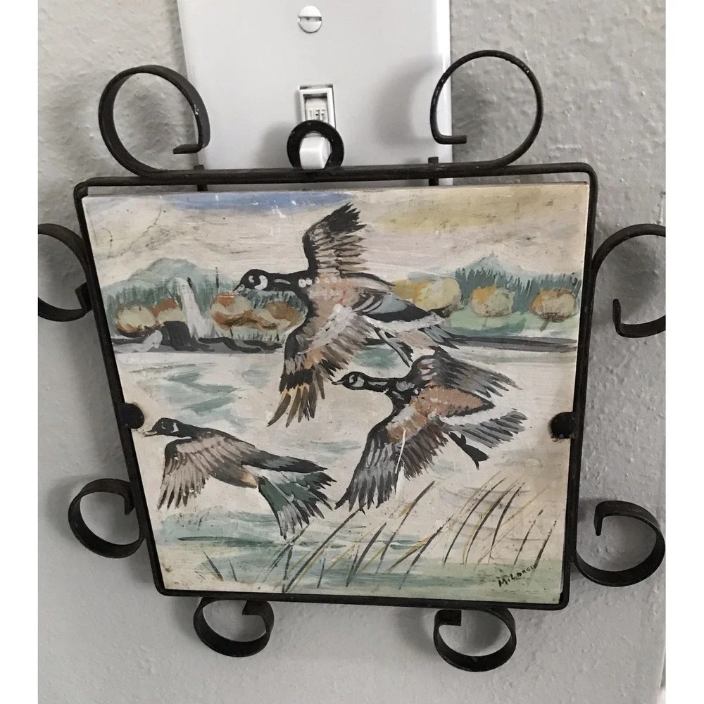 Vintage Geese Birds Tile Trivet Plaque Hand Paint Metal Scroll Frame Cabin Core
